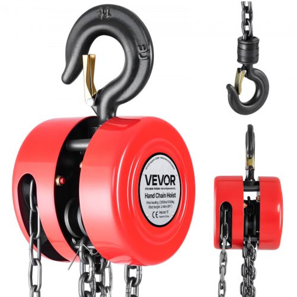 VEVOR Hand Chain Hoist, 1 Ton Capacity, Manual Chain Block with Upgrade G70 Galvanized Chain, 2.44 m Lifting Height, Heavy Duty Pulley Hoist for Garage Warehouse Automotive Machinery, Red