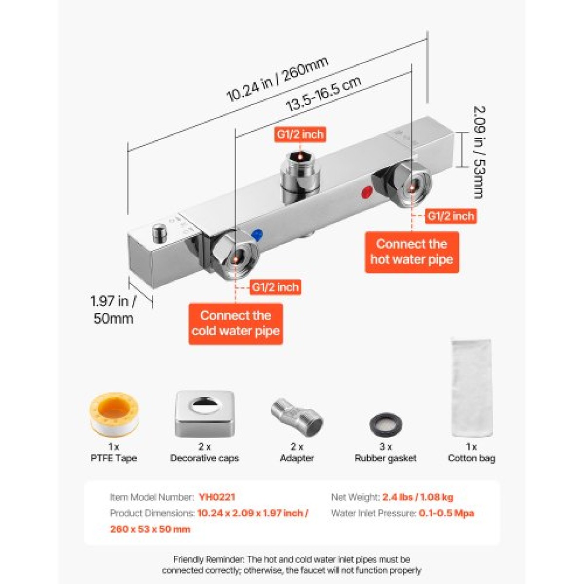 Θερμοστατική βαλβίδα ντους VEVOR, 38℃ Θερμοστατική βαλβίδα ντους με ασφάλεια, βρύσες ντους ζεστού κρύου νερού Βαλβίδες ελέγχου θερμοκρασίας για μπάνιο, RV, ξενοδοχείο, δύο οπές & ασημί χρώμιο