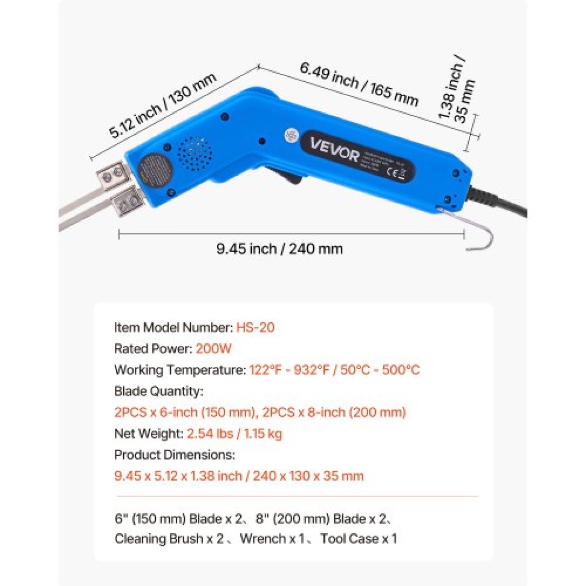 VEVOR Hot Knife Foam Cutter, Ηλεκτρικό εργαλείο κοπής αφρού 200W, 50℃ - 500℃ Ρυθμιζόμενο κόφτη από φελιζόλ με λεπίδες κοπής 150mm & 200mm για σανίδα KT, Πολυαιθυλένιο, Σφουγγάρι, Καουτσούκ - Περιλαμβάνεται κιβώτιο εργαλείων