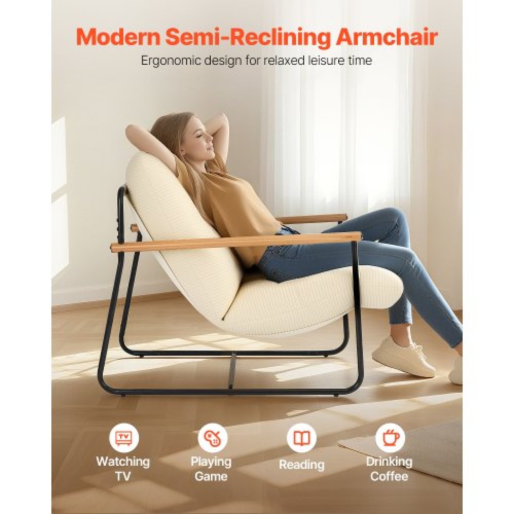 VEVOR Accent Chair, Metal Framed Chair with Wooden Armrests, Modern Cozy Upholstered Armchair, with Soft Foam Cushioning, Detachable Cushion, for Living Room, Bedroom, Reading Room, Office, Beige
