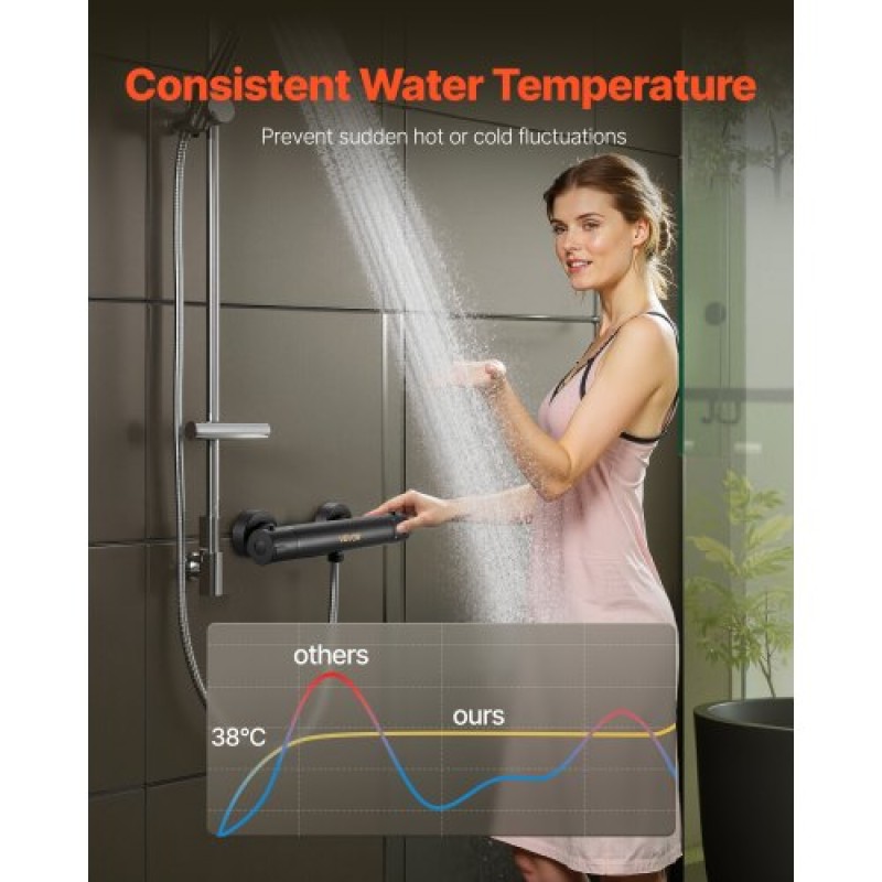 VEVOR Thermostatic Baucet Valve, 38℃ Secure Lock Thermostatic Valve Shower Kit Trim Kit, ζεστό κρύο νερό ντους βαλβίδες ελέγχου θερμοκρασίας με ηλεκτροφορητική επίστρωση για μπάνιο, RV