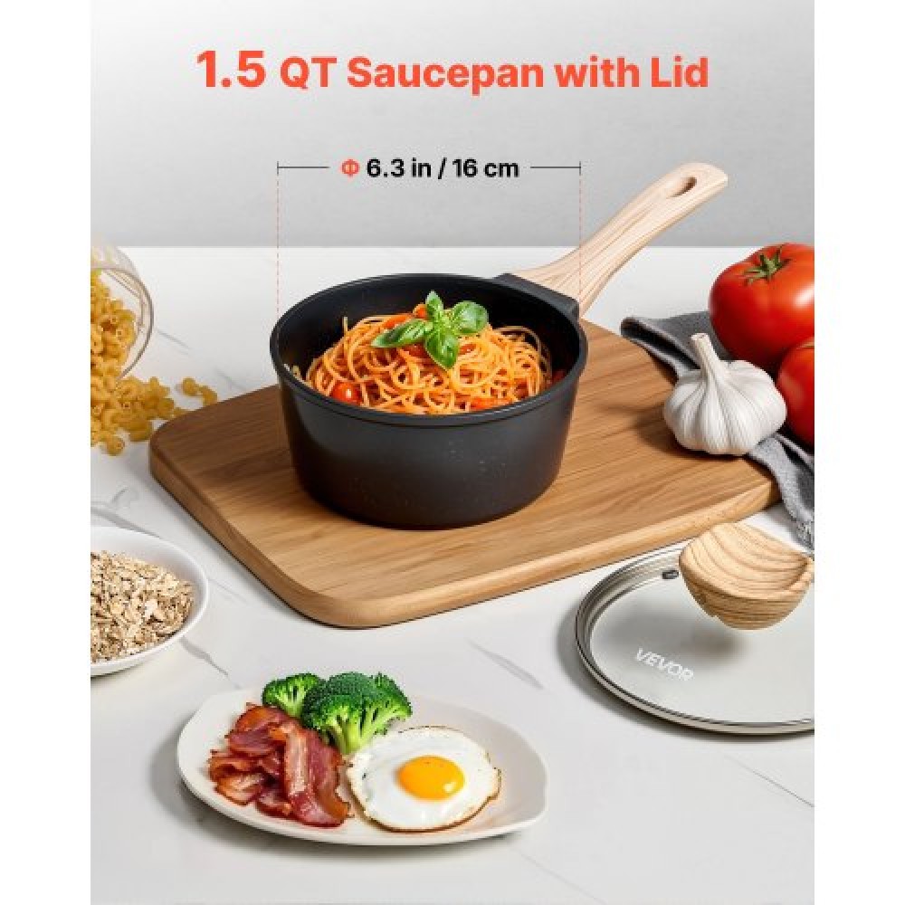 VEVOR 1.5 QT Saucepan Nonstick Saucepan with Glass Lid & Detachable Handle Black