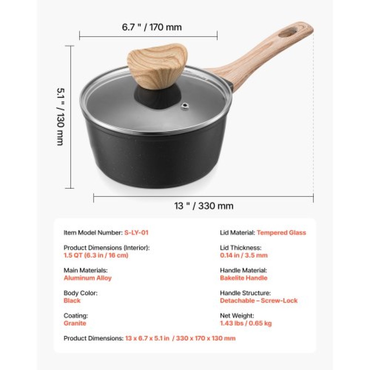 Κατσαρόλα VEVOR 1.5 QT, Αντικολλητικό τηγάνι με γυάλινο καπάκι, Σάλτσα πολλαπλών χρήσεων με αποσπώμενο χερούλι, κατσαρόλα μικρή κουζίνα κουζίνας με επικάλυψη, συμβατό με επαγωγή, μαύρο