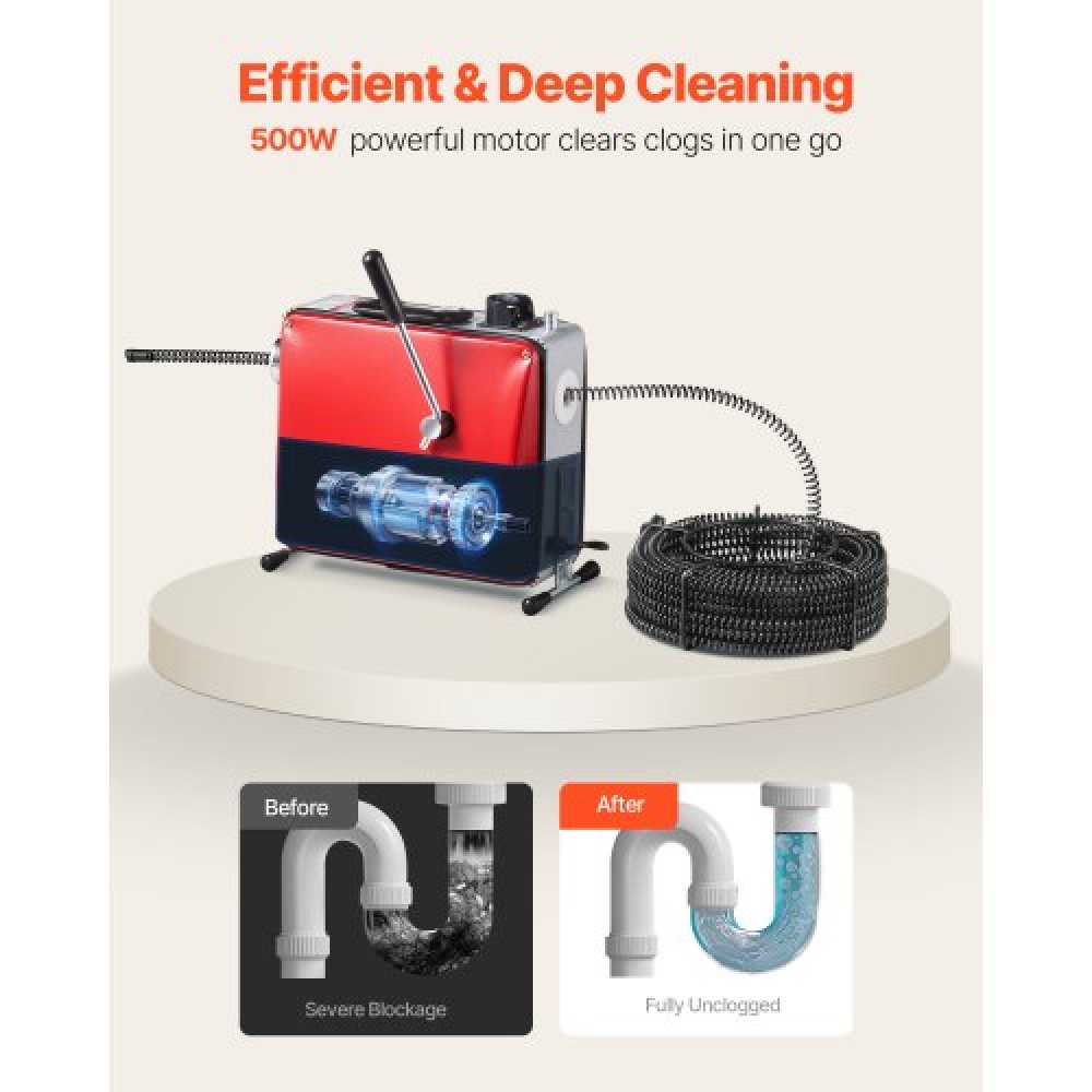 VEVOR Drain Cleaner Machine, 500W 1400RPM Electric Pipe Drain Cleaning Machine Sewer Snake with 40m x 16mm, 5m x 9.5mm & 0.4m x 12mm Steel Spring Cable and 6 Cutters, Fit 50-110 mm Diameter Pipes