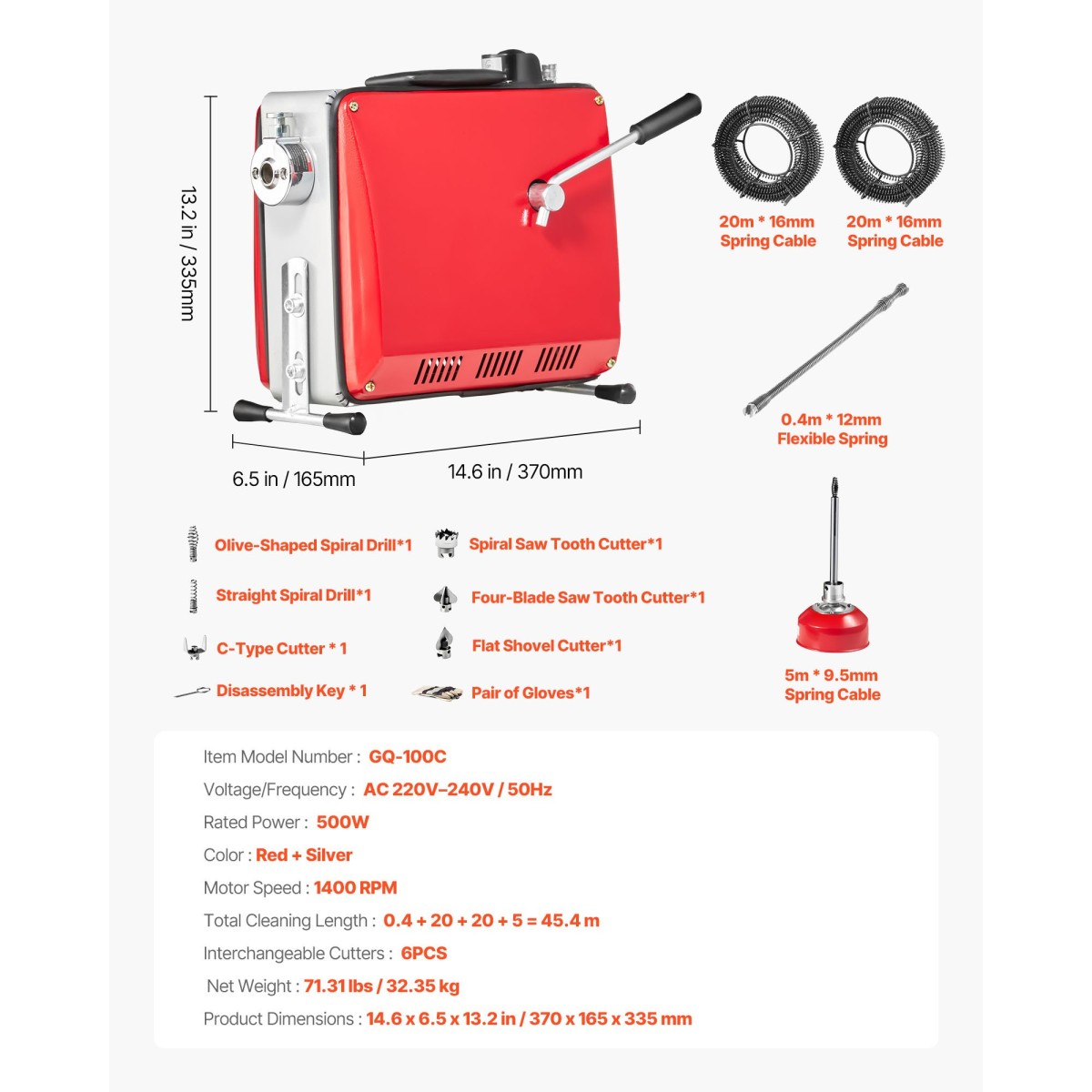 Μηχάνημα καθαρισμού αποχέτευσης VEVOR, 500W 1400RPM Μηχάνημα καθαρισμού αποχέτευσης ηλεκτρικών σωλήνων Sewer Snake with 40m x 16mm, 5m x 9.5mm & 0.4m x 12mm Steel Spring Cable and 6 Cutters, Fit 50-110 Pipes Diemeter