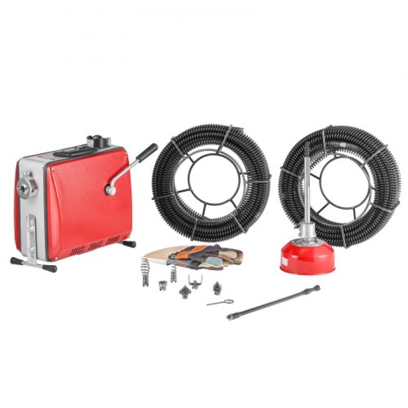 Μηχάνημα καθαρισμού αποχέτευσης VEVOR, 500W 1400RPM Μηχάνημα καθαρισμού αποχέτευσης ηλεκτρικών σωλήνων Sewer Snake with 40m x 16mm, 5m x 9.5mm & 0.4m x 12mm Steel Spring Cable and 6 Cutters, Fit 50-110 Pipes Diemeter