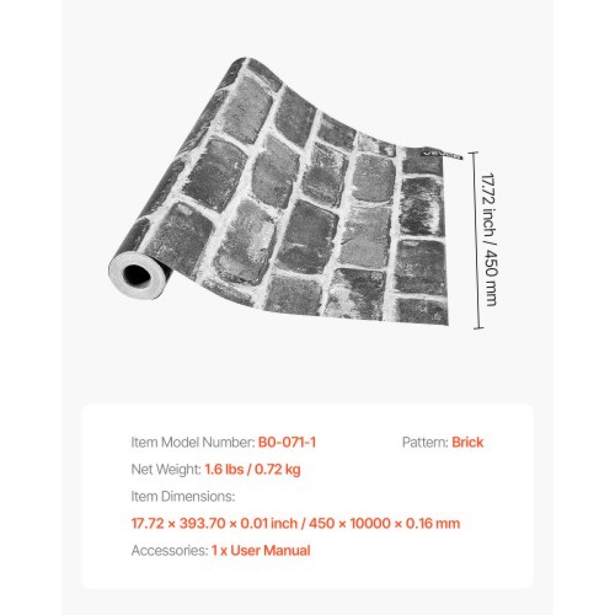 Ταπετσαρία VEVOR Peel and Stick, 45cm x 10m Χαρτί Επαφής Γκρι Τούβλο Waterpoof Αυτοκόλλητο, Εύκολο στο καθάρισμα & ξεφλούδισμα τοίχου Διακοσμητικό ρολό βινυλίου για υπνοδωμάτιο κουζίνα γραφείο γραφείο μπάνιου