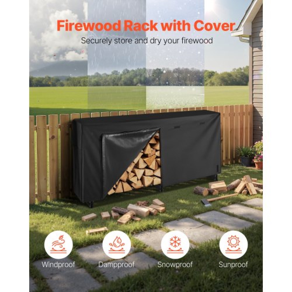 VEVOR Firewood Rack with Waterproof Cover, 2.57m Outdoor Firewood Holder, 1/2 Cord Storage Metal Log Holder, 299kg Max Weight Capacity, Top Covered, Powder-Coated Wood Storage Rack for Fireplace Deck