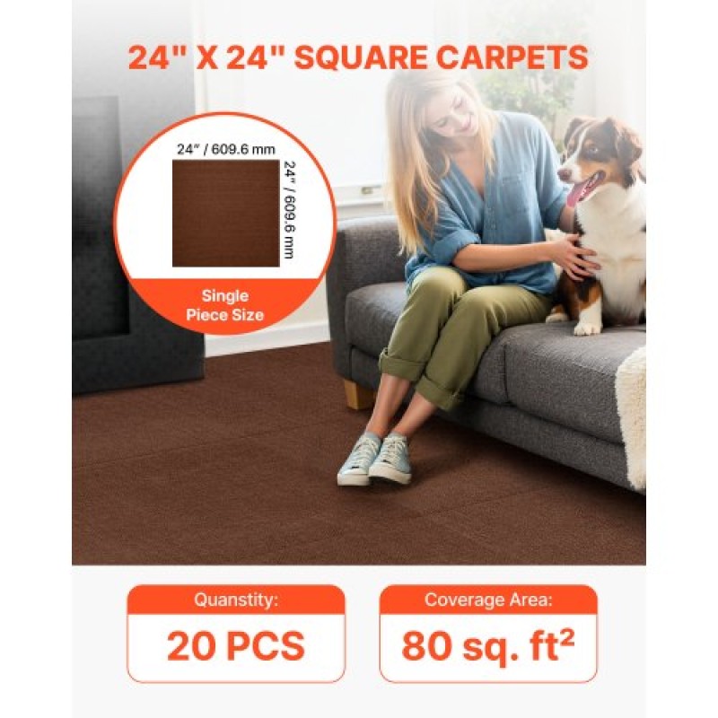 VEVOR Πλακάκια Μοκέτας 610x610 mm, 20 ΤΕΜ Χαλιά με ξεφλούδισμα και ραβδί τετράγωνο χαλί, αυτοκόλλητο εμπορικό δάπεδο με μαλακή επένδυση για κάλυμμα χωρίς ραφή 7.4㎡, Εύκολη αντικατάσταση για το γραφείο του σαλονιού, σκούρο καφέ