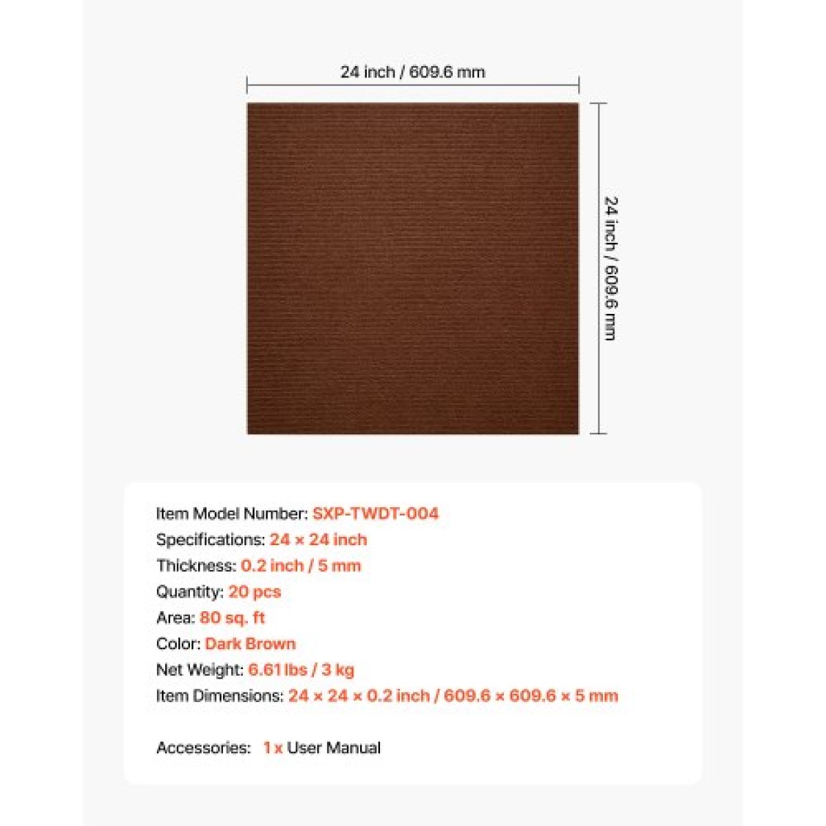 VEVOR Πλακάκια Μοκέτας 610x610 mm, 20 ΤΕΜ Χαλιά με ξεφλούδισμα και ραβδί τετράγωνο χαλί, αυτοκόλλητο εμπορικό δάπεδο με μαλακή επένδυση για κάλυμμα χωρίς ραφή 7.4㎡, Εύκολη αντικατάσταση για το γραφείο του σαλονιού, σκούρο καφέ