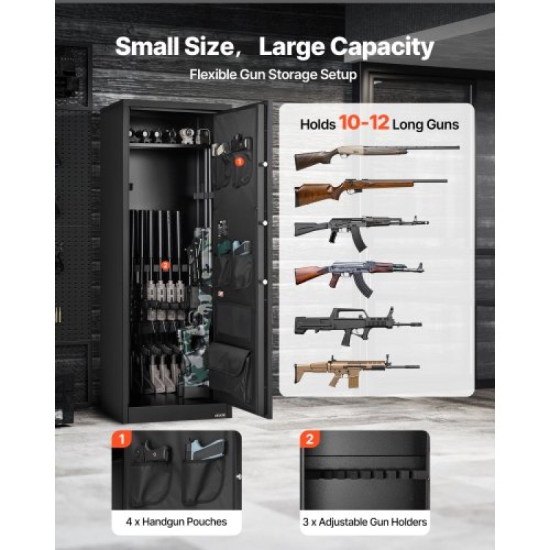 VEVOR 10-12 Gun Safe, Long Gun Cabinet for Rifles and Pistols, Quick Access Fireproof Rifle Safe with 4 Pistol Pockets and 3 Adjustable Racks, Large Digital Cabinet with Key and Password Lock