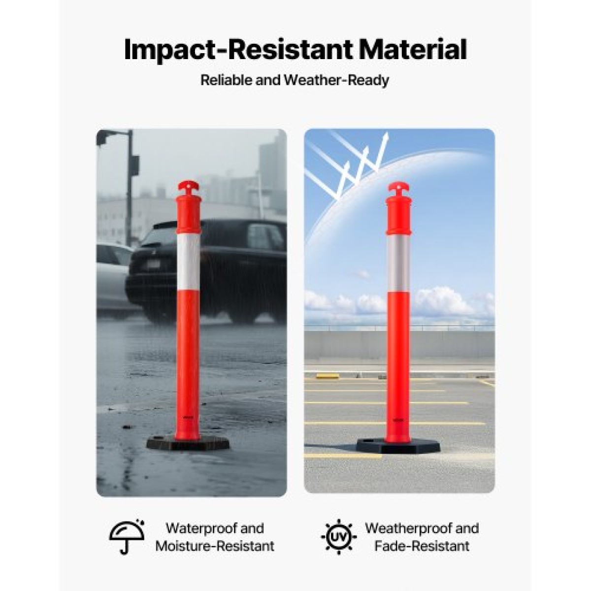 VEVOR 2 Pack Traffic Delineator Posts, 1140 mm Traffic Safety Cons with σταθμισμένη βάση και αντανακλαστικές λωρίδες, Heavy Duty Delineator Posts για εργοτάξιο, Χώρος στάθμευσης, Crowd Control, κόκκινο