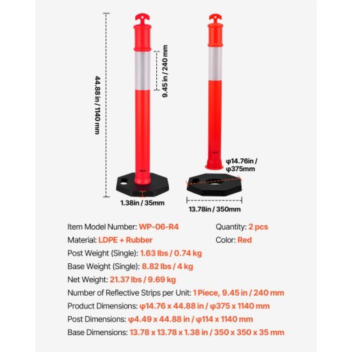 VEVOR 2 Pack Traffic Delineator Posts, 1140 mm Traffic Safety Cons with σταθμισμένη βάση και αντανακλαστικές λωρίδες, Heavy Duty Delineator Posts για εργοτάξιο, Χώρος στάθμευσης, Crowd Control, κόκκινο
