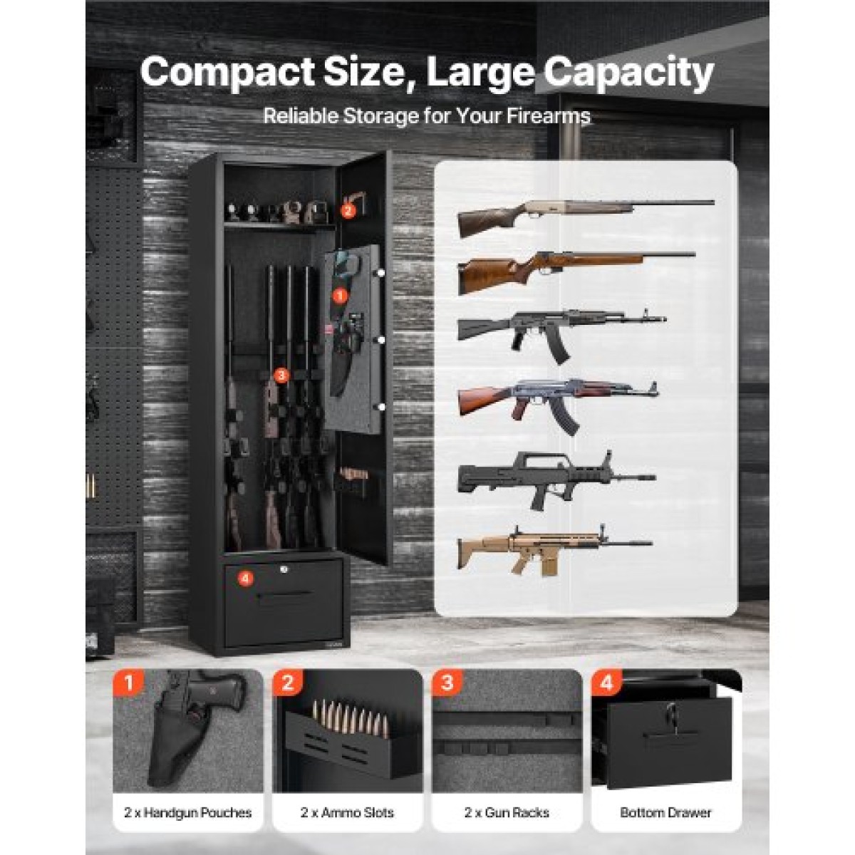 Χρηματοκιβώτιο VEVOR 4 Gun Safe, Μακρύ ντουλάπι όπλων για τουφέκια και πιστόλια, Θυρίδα ασφαλείας γρήγορης πρόσβασης με 2 υποδοχές πυρομαχικών, 2 τσέπες πιστολιού & 2 ρυθμιζόμενες βάσεις, μεγάλο ψηφιακό ντουλάπι με κλειδαριά κλειδιού και κωδικού πρόσβ