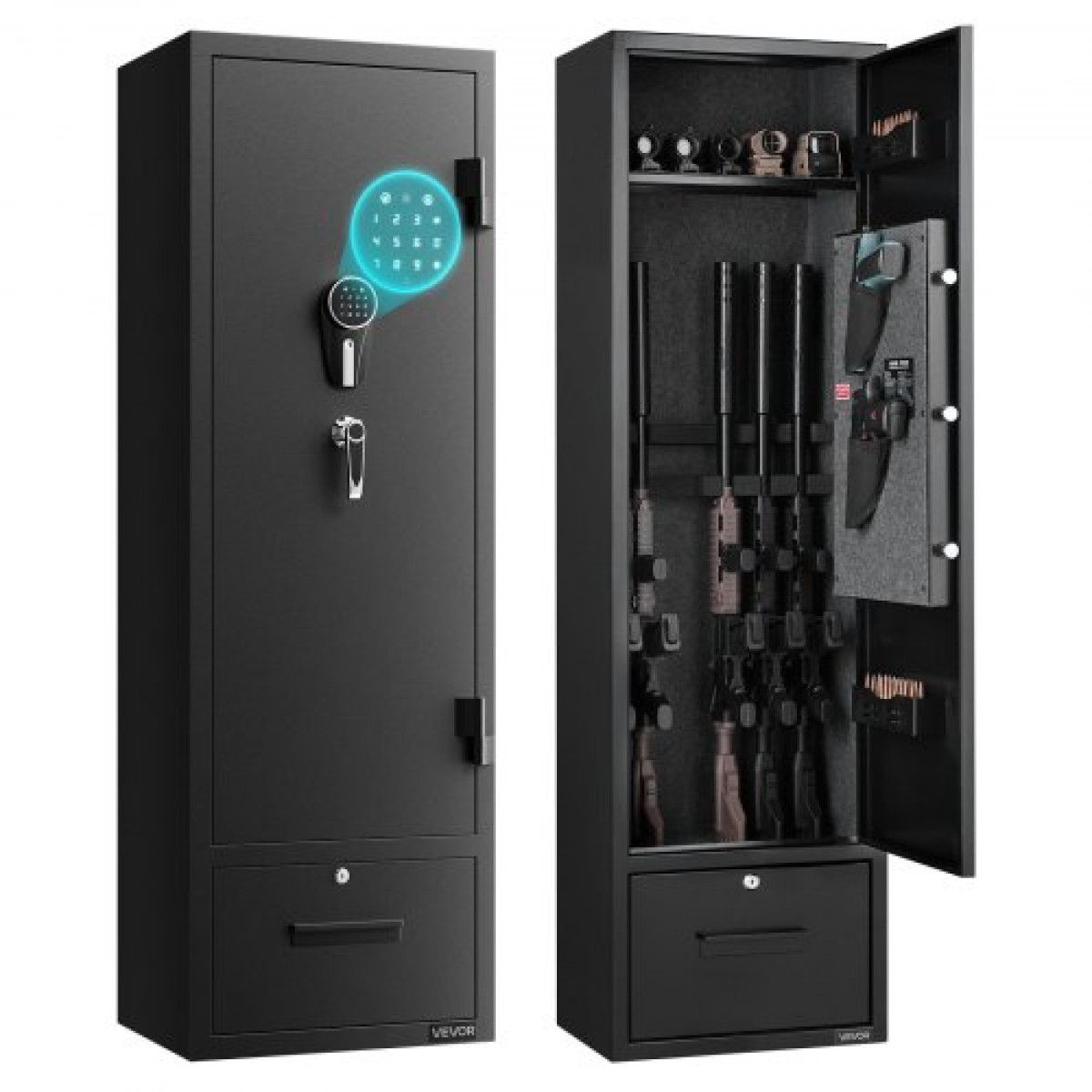 Χρηματοκιβώτιο VEVOR 4 Gun Safe, Μακρύ ντουλάπι όπλων για τουφέκια και πιστόλια, Θυρίδα ασφαλείας γρήγορης πρόσβασης με 2 υποδοχές πυρομαχικών, 2 τσέπες πιστολιού & 2 ρυθμιζόμενες βάσεις, μεγάλο ψηφιακό ντουλάπι με κλειδαριά κλειδιού και κωδικού πρόσβ