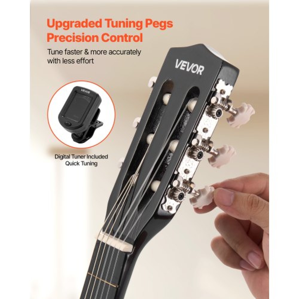 VEVOR Classical Guitar, 780 mm, Wood Classical Guitar Starter Kit for Beginners, with Nylon Strings, Gig Bag, Strap, Tuner, Extra Strings, Picks, Capo, Basswood, for Kids Girls Boys Students, Black