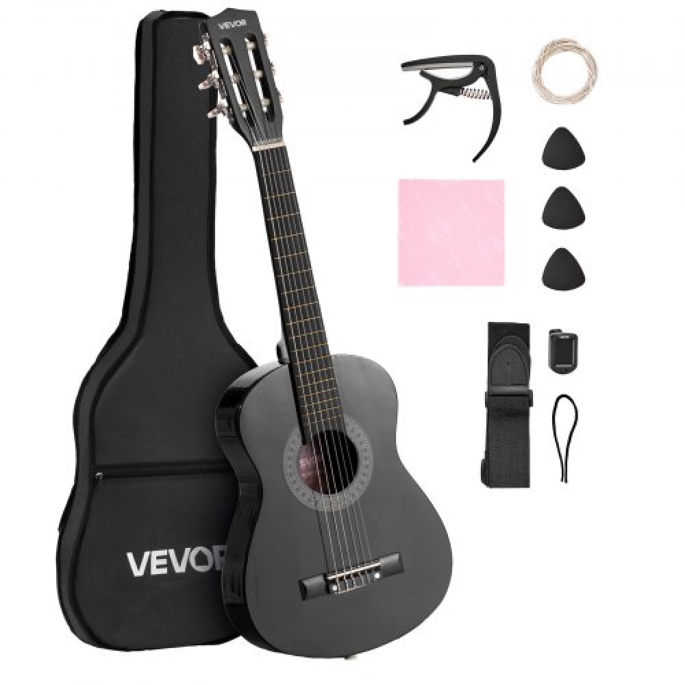 VEVOR Classical Guitar, 780 mm, Wood Classical Guitar Starter Kit for Beginners, with Nylon Strings, Gig Bag, Strap, Tuner, Extra Strings, Picks, Capo, Basswood, for Kids Girls Boys Students, Black