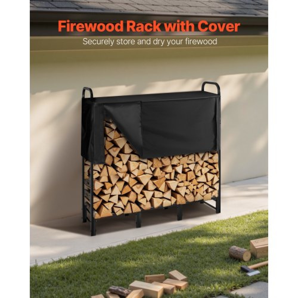 VEVOR Firewood Rack with Waterproof Cover, 1.22m Outdoor Firewood Holder, 1/4 Cord Storage Metal Log Holder, 400lb Max Weight Capacity, Top Covered, Powder-Coated Wood Storage Rack for Fireplace Deck