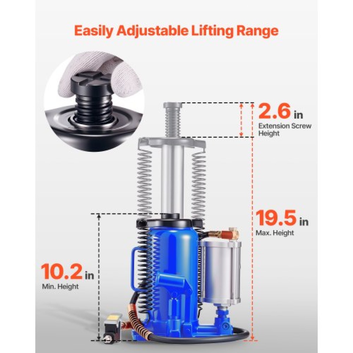 VEVOR Air Hydraulic Bottle Jack, χωρητικότητα φόρτωσης 20 τόννων, εύρος ανύψωσης 260-495 mm, πεπιεσμένος αέρας/χειροκίνητος συγκολλημένος γρύλος φιάλης βαρέως τύπου με αντλία για αυτοκίνητο, Pickup, Truck, RV, SUV, Auto Repair, House Lift, Μπλε