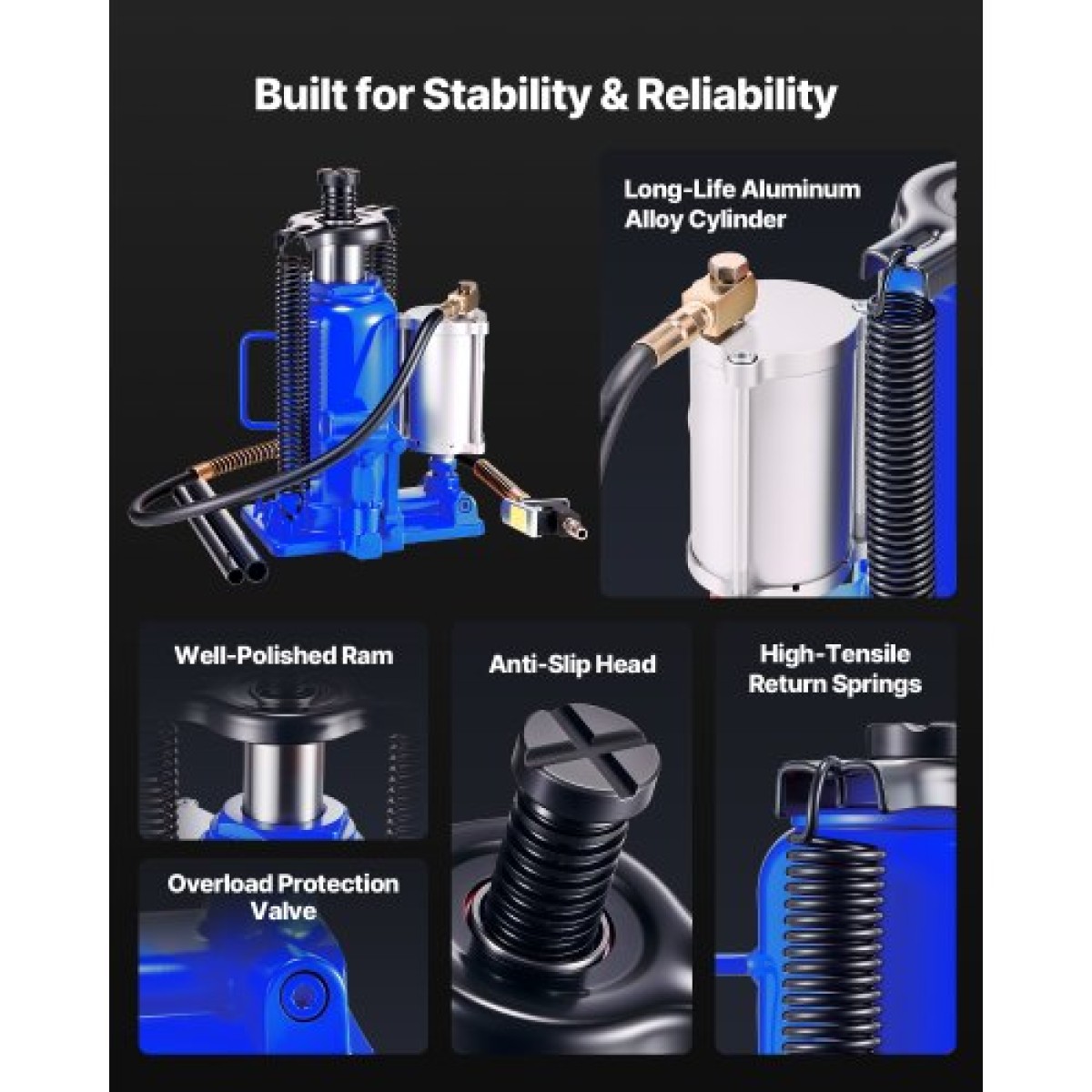 VEVOR Air Hydraulic Bottle Jack, χωρητικότητα φόρτωσης 20 τόννων, εύρος ανύψωσης 260-495 mm, πεπιεσμένος αέρας/χειροκίνητος συγκολλημένος γρύλος φιάλης βαρέως τύπου με αντλία για αυτοκίνητο, Pickup, Truck, RV, SUV, Auto Repair, House Lift, Μπλε