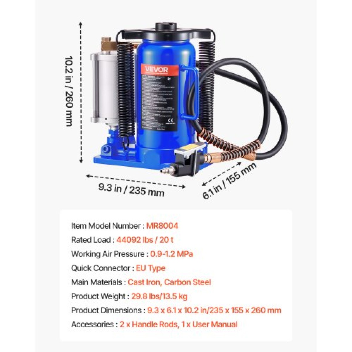 VEVOR Air Hydraulic Bottle Jack, χωρητικότητα φόρτωσης 20 τόννων, εύρος ανύψωσης 260-495 mm, πεπιεσμένος αέρας/χειροκίνητος συγκολλημένος γρύλος φιάλης βαρέως τύπου με αντλία για αυτοκίνητο, Pickup, Truck, RV, SUV, Auto Repair, House Lift, Μπλε