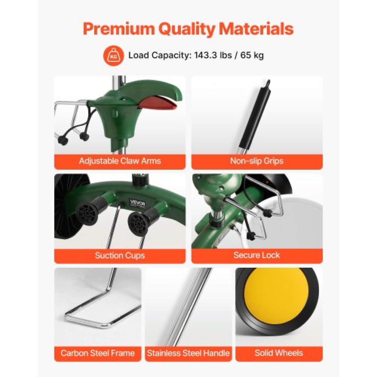 VEVOR Garden Pot Mover, Heavy Duty Plant Dolly Cart με ρυθμιζόμενο βραχίονα λαβής, μέγιστη χωρητικότητα βάρους 65 kg, Potted Plant Mover Dolly με βεντούζα και ασφαλή κλειδαριά, Ταιριάζει για χρήση σε εσωτερικούς και εξωτερικούς χώρους