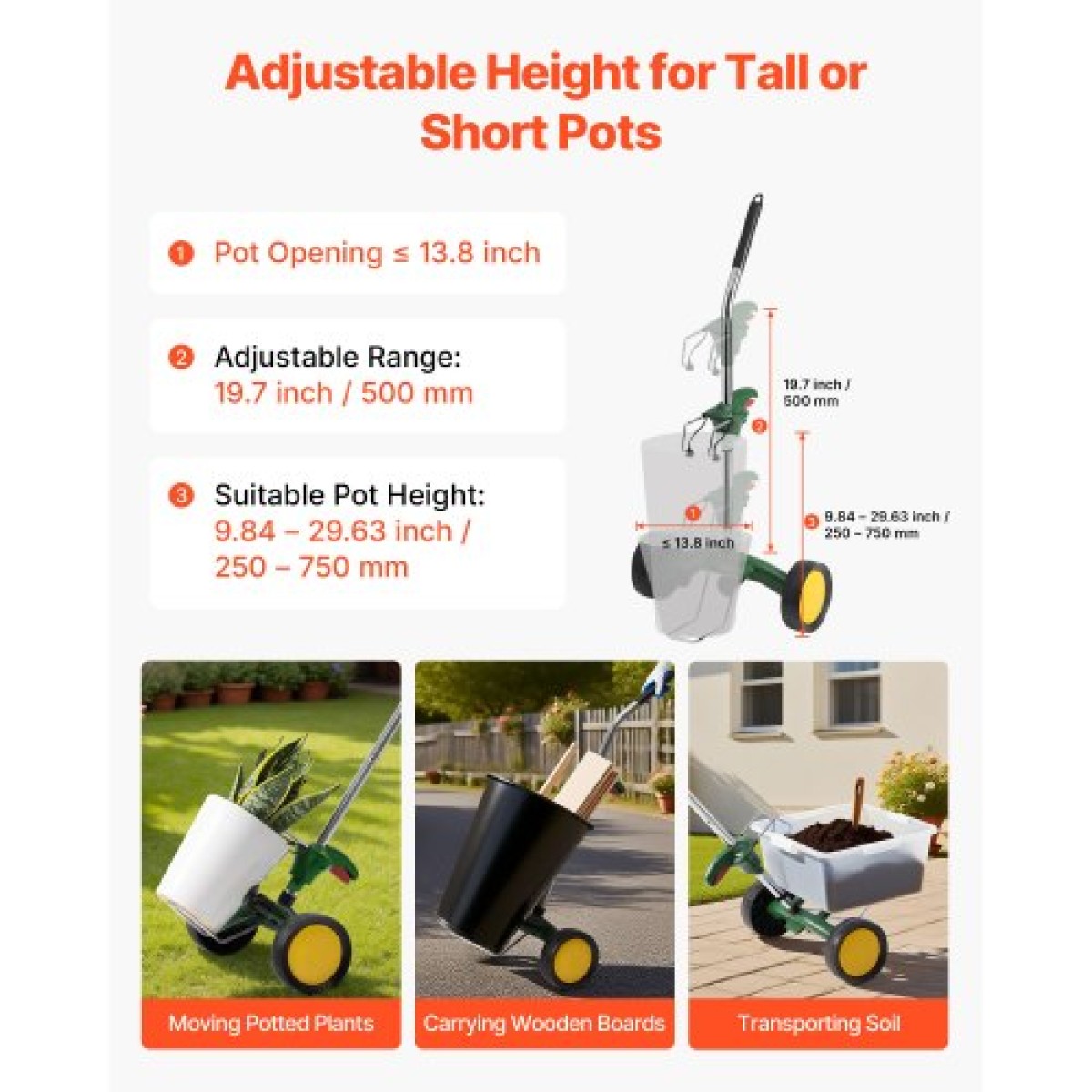 VEVOR Garden Pot Mover, Heavy Duty Plant Dolly Cart με ρυθμιζόμενο βραχίονα λαβής, μέγιστη χωρητικότητα βάρους 65 kg, Potted Plant Mover Dolly με βεντούζα και ασφαλή κλειδαριά, Ταιριάζει για χρήση σε εσωτερικούς και εξωτερικούς χώρους