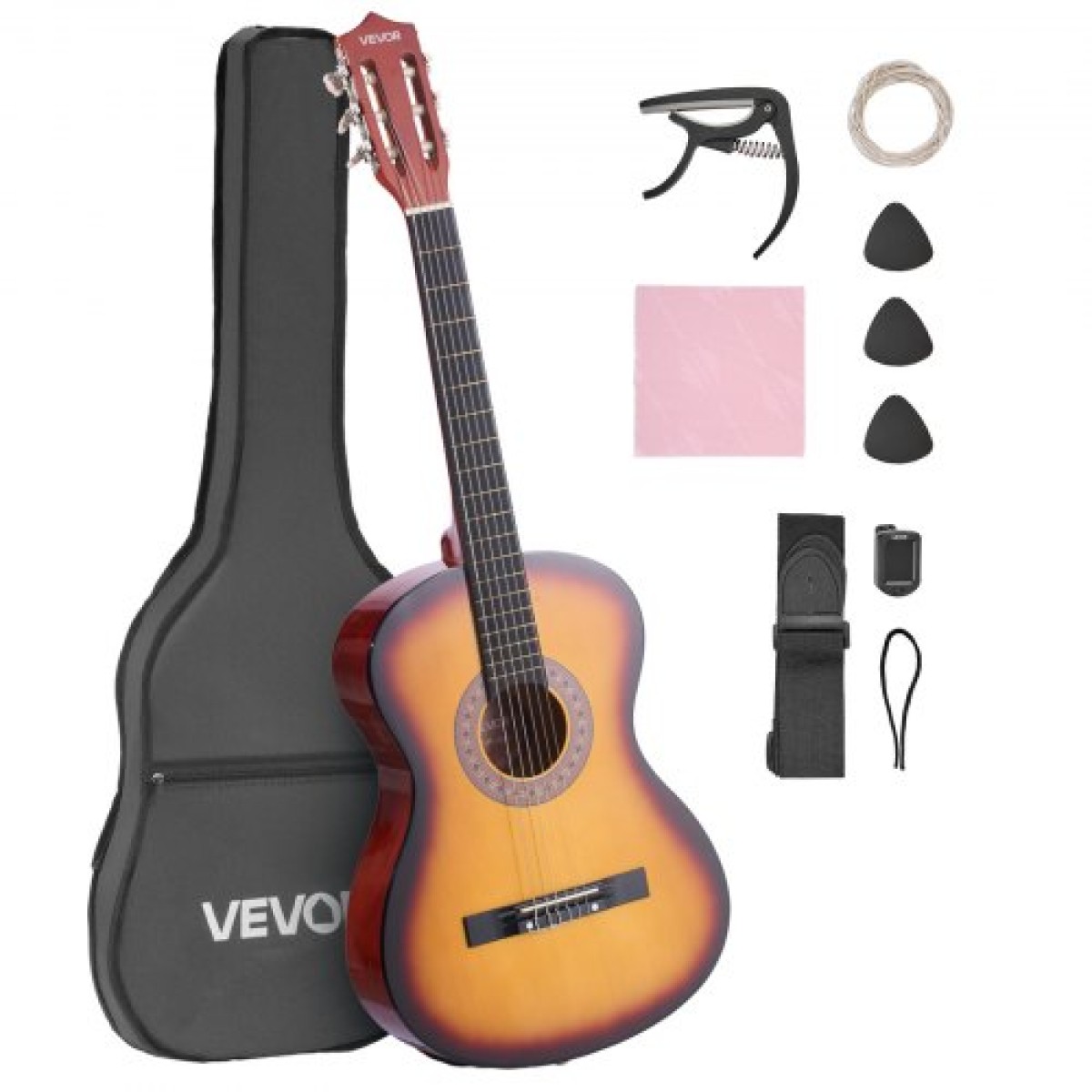 VEVOR Κλασική Κιθάρα, 960 χλστ., Κιτ Ξύλινης Κλασικής Κιθάρας για αρχάριους, με νάιλον χορδές, Gig Bag, Strap, Tuner, Extra Strings, Pick, Capo, Basswood, για Εφήβους Ενήλικες Μαθητές, Sunburst