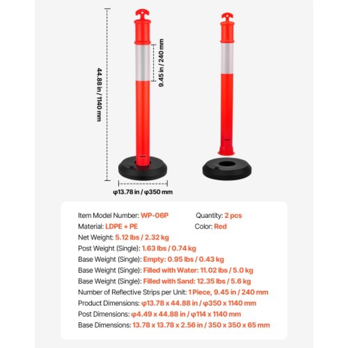 VEVOR 2 Pack Traffic Delineator Posts, 1140 mm Traffic Safety Cones with fillable Base and Refleks strips, Heavy Duty Delineator Posts for Construction, Parking, Crowd Control, Red