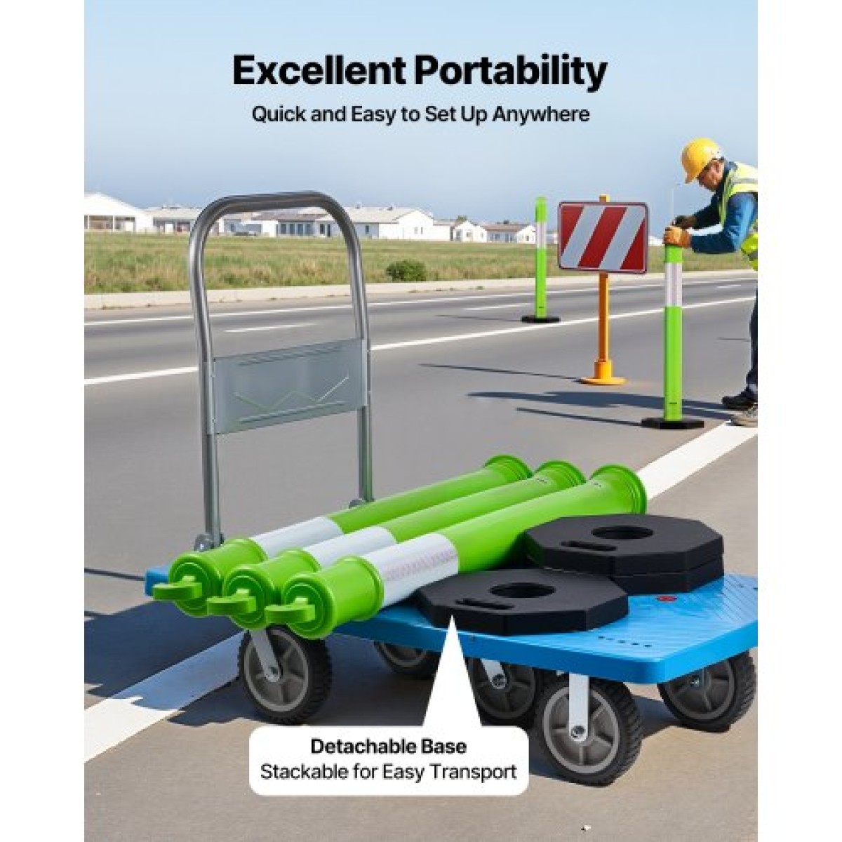 VEVOR 3 Pack Traffic Delineator Posts, 1140 mm Traffic Safety Cones with σταθμισμένη βάση και ανακλαστικές λωρίδες, Heavy Duty Delineator posts για εργοτάξιο, Χώρος στάθμευσης, Crowd Control, Πράσινο