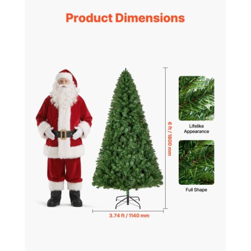 VEVOR Christmas Tree, 1.8m Artificial Xmas Tree, Full Holiday Decor Trees with 1250 Branch Tips & Sturdy Metal Base for Home Party Office Decoration