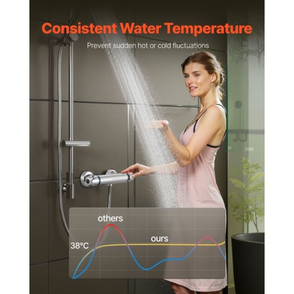 Θερμοστατική βαλβίδα βρύσης ντους VEVOR, 38℃ Θερμοστατική βαλβίδα ντους με ασφάλεια 38℃, βαλβίδες ελέγχου θερμοκρασίας βρύσης ντους ζεστού κρύου νερού για μπάνιο, RV, επιχρωμιωμένη επίστρωση