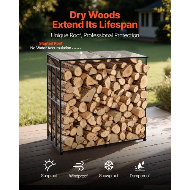 VEVOR Firewood Rack with Sloped Roof, 1.85m Outdoor Firewood Holder, 1/4 Cord Log Storage Shed, 299kg Max Weight Capacity, Powder-Coated Metal Wood Storage Rack for Fireplace Deck Backyard Garden