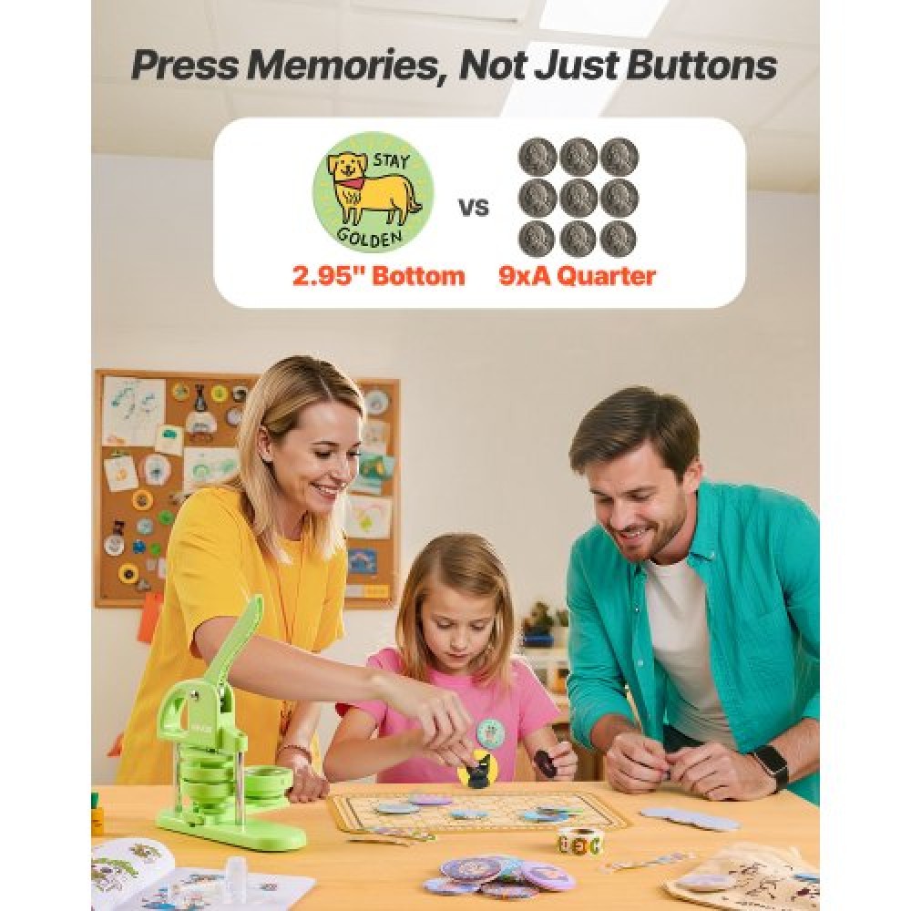 VEVOR Button Maker Machine, 75 mm, Plastic Pin Maker with 100pcs Button Parts, Circle Cutter and Magic Book, Reinforced Ergonomic Handle, for DIY Badges, Personalized Pins and Key Chains, Green