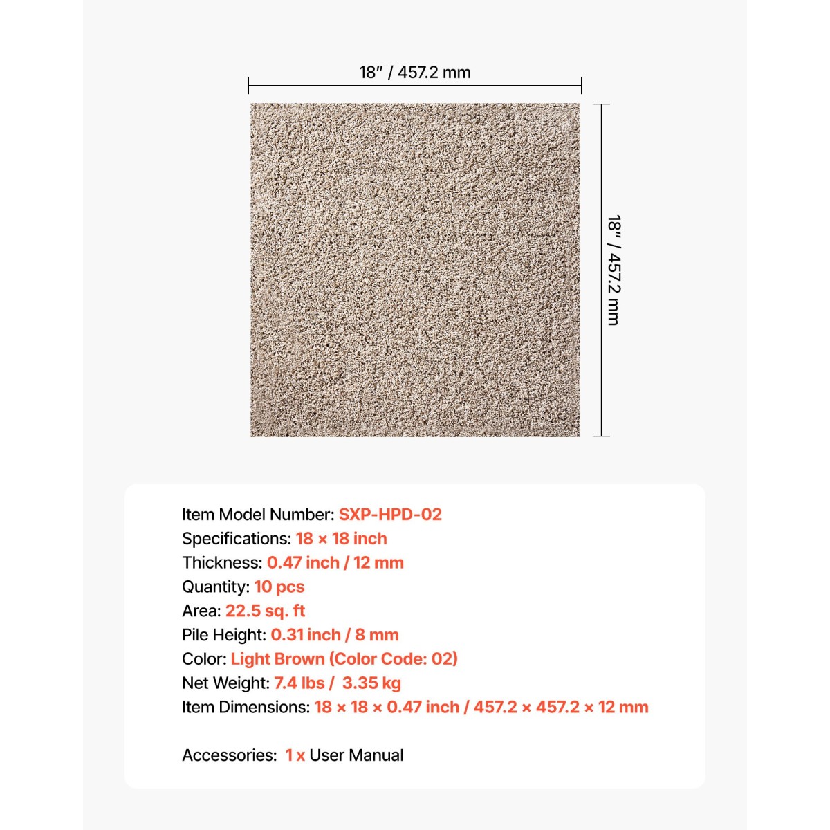 Πλακάκια μοκέτα VEVOR 457x457 mm, 10 συσκευασίες Τετράγωνο χαλί χαλί Αποσπώμενο & χωρίς φθορές, Αυτοκόλλητο δάπεδο σπιτιού με μαλακό βελούδινο κάλυμμα για κάλυψη 2,1 ㎡, Εύκολη DIY για σαλόνι & υπνοδωμάτιο, ανοιχτό καφέ