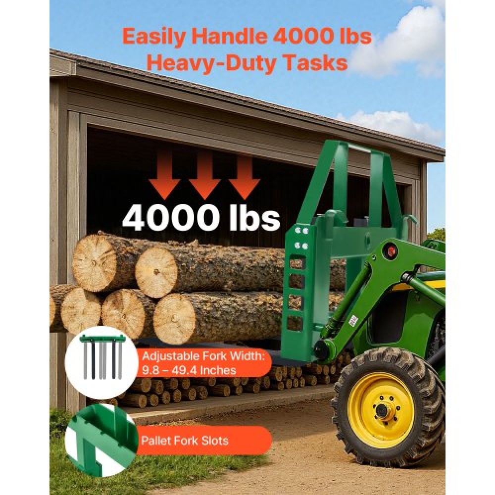 VEVOR Skid Steer Pallet Forks, 1814 kg Rated Load Capacity, Pallet Fork Frame Attachment with 1065 mm Pallet Forks Forklift Blades, 50.8 mm Hitch Receiver & Spear Sleeves, Fit for JD Tractors