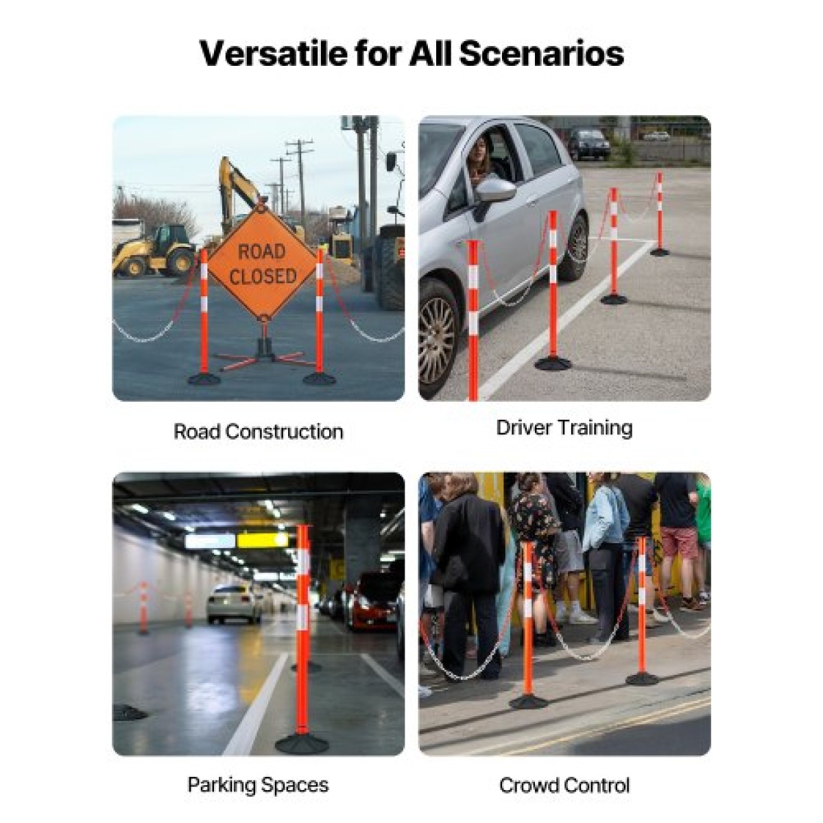 VEVOR 4 Pack Traffic Delineator Posts, 871 mm Traffic Safety Cones με σταθμισμένη βάση, αντανακλαστικές λωρίδες και αλυσίδα, στύλοι οριοθέτησης βαρέως τύπου για εργοτάξιο, χώρος στάθμευσης, έλεγχος πλήθους, κόκκινο