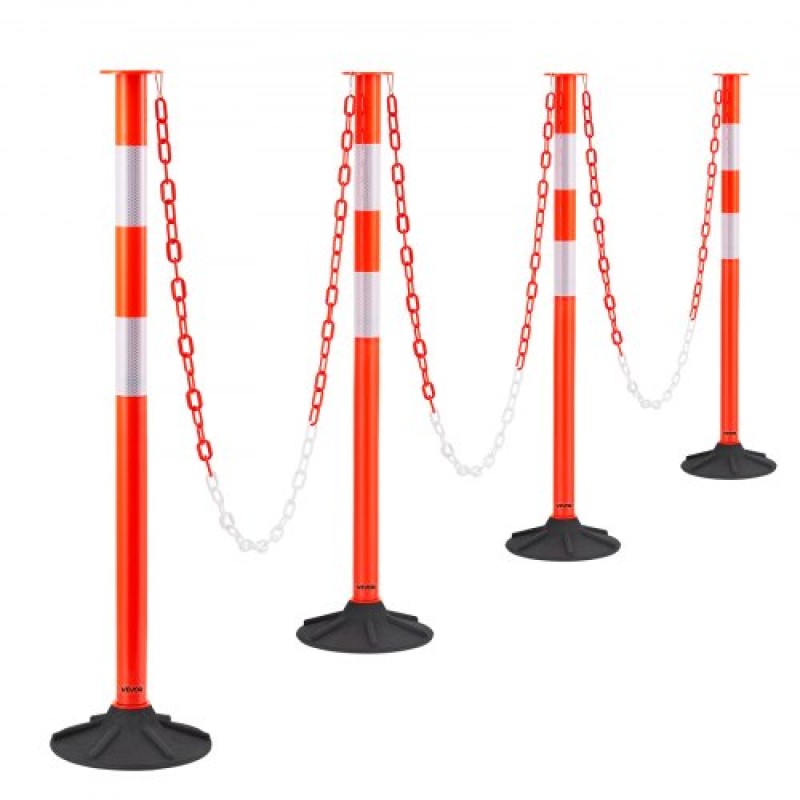 VEVOR 4 Pack Traffic Delineator Posts, 871 mm Traffic Safety Cones με σταθμισμένη βάση, αντανακλαστικές λωρίδες και αλυσίδα, στύλοι οριοθέτησης βαρέως τύπου για εργοτάξιο, χώρος στάθμευσης, έλεγχος πλήθους, κόκκινο