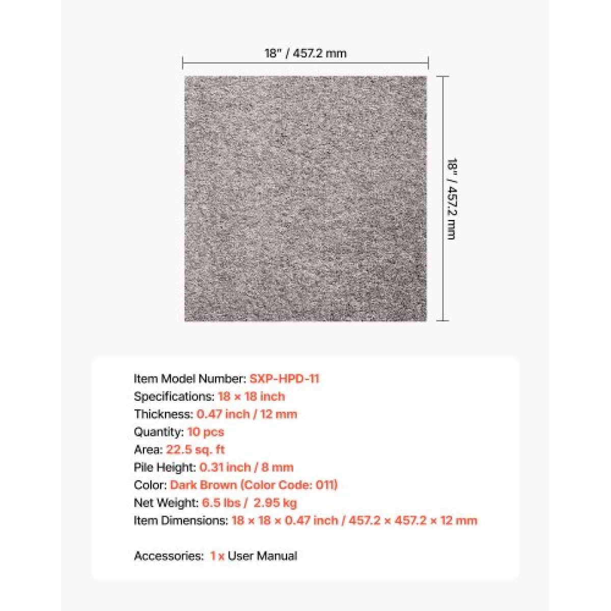 Πλακάκια μοκέτα VEVOR 457x457 mm, 10 συσκευασίες τετράγωνο χαλί μοκέτα Αποσπώμενο & χωρίς φθορές, Αυτοκόλλητο δάπεδο σπιτιού με μαλακό βελούδινο επένδυση για κάλυψη 2,1 ㎡, Εύκολη DIY για σαλόνι & υπνοδωμάτιο, σκούρο καφέ
