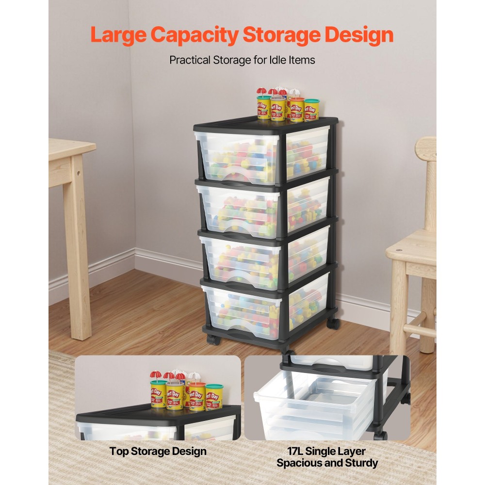 VEVOR Plastic Storage Drawers Cart, 4 Drawers Storage Organizer με ρόδες, Rolling Clocket Organisation and Storage Diviers, Dresser Organizer Clear Bins για είδη γραφείου, αίθουσες χειροτεχνίας, αίθουσες διδασκαλίας