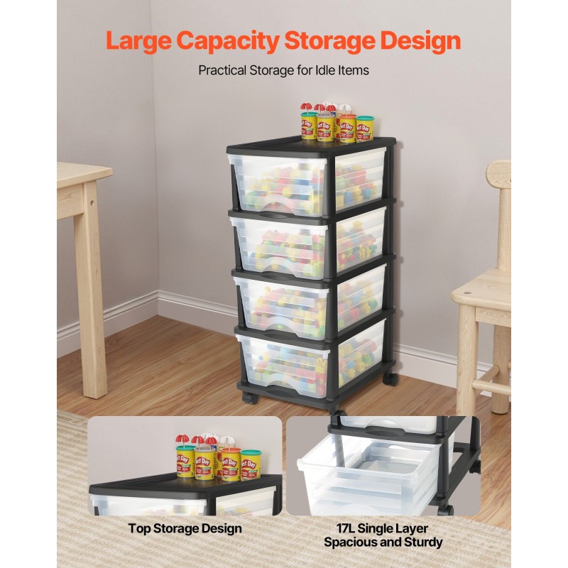 VEVOR Plastic Storage Drawers Cart, 4 Drawers Storage Organizer με ρόδες, Rolling Clocket Organisation and Storage Diviers, Dresser Organizer Clear Bins για είδη γραφείου, αίθουσες χειροτεχνίας, αίθουσες διδασκαλίας
