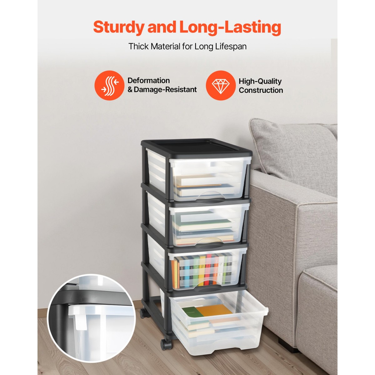 VEVOR Plastic Storage Drawers Cart, 4 Drawers Storage Organizer με ρόδες, Rolling Clocket Organisation and Storage Diviers, Dresser Organizer Clear Bins για είδη γραφείου, αίθουσες χειροτεχνίας, αίθουσες διδασκαλίας