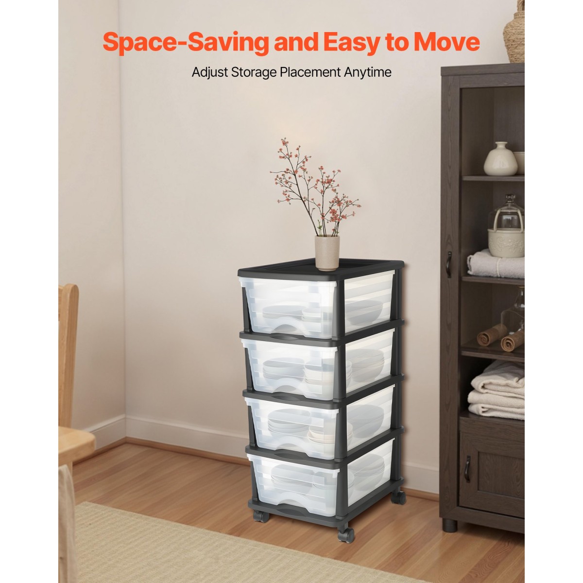 VEVOR Plastic Storage Drawers Cart, 4 Drawers Storage Organizer με ρόδες, Rolling Clocket Organisation and Storage Diviers, Dresser Organizer Clear Bins για είδη γραφείου, αίθουσες χειροτεχνίας, αίθουσες διδασκαλίας