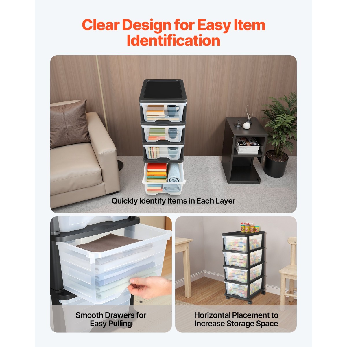 VEVOR Plastic Storage Drawers Cart, 4 Drawers Storage Organizer με ρόδες, Rolling Clocket Organisation and Storage Diviers, Dresser Organizer Clear Bins για είδη γραφείου, αίθουσες χειροτεχνίας, αίθουσες διδασκαλίας