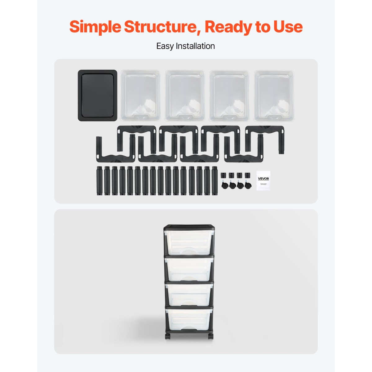 VEVOR Plastic Storage Drawers Cart, 4 Drawers Storage Organizer με ρόδες, Rolling Clocket Organisation and Storage Diviers, Dresser Organizer Clear Bins για είδη γραφείου, αίθουσες χειροτεχνίας, αίθουσες διδασκαλίας