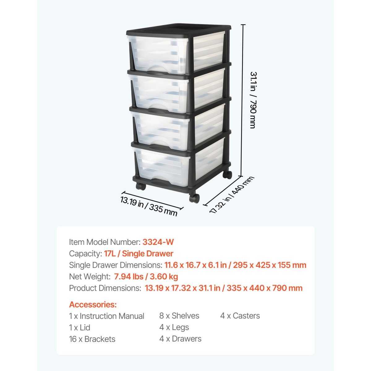VEVOR Plastic Storage Drawers Cart, 4 Drawers Storage Organizer με ρόδες, Rolling Clocket Organisation and Storage Diviers, Dresser Organizer Clear Bins για είδη γραφείου, αίθουσες χειροτεχνίας, αίθουσες διδασκαλίας