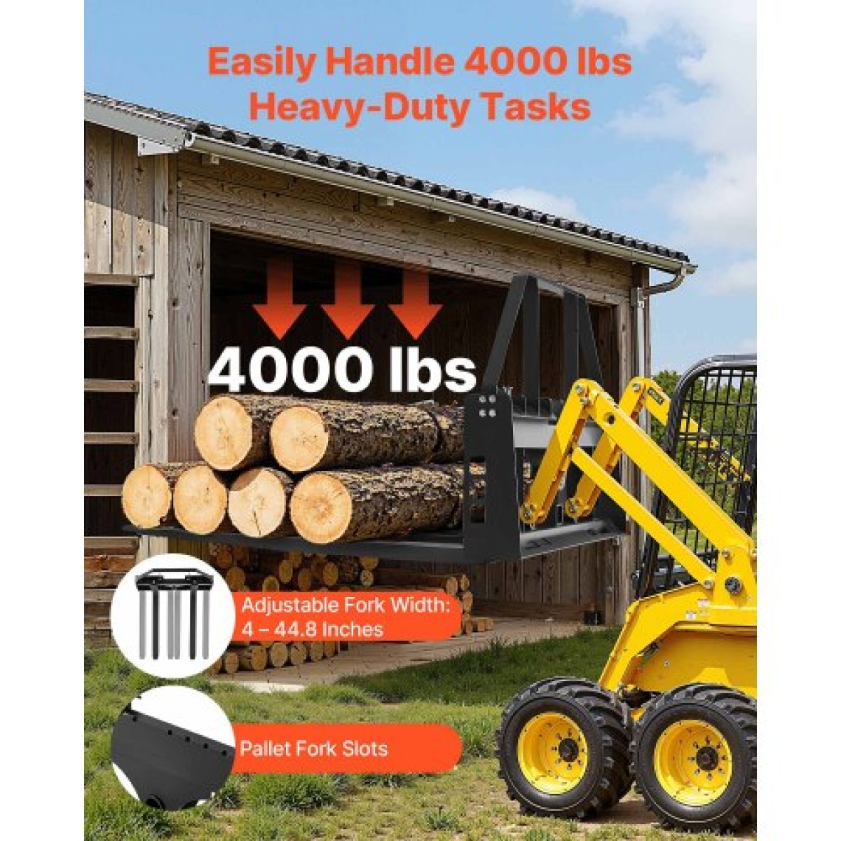 Πιρούνια παλετών VEVOR Skid Steer, ονομαστική χωρητικότητα 1814 kg, Εξάρτημα πλαισίου από πιρούνια παλέτας με λεπίδες περονοφόρου περονοφόρου περονοφόρου παλέτας 1065 mm, δέκτης κοτσαδόρου 50,8 mm και μανίκια λόγχης, προσαρμοσμένο για ολισθητήρες, τρακτέρ