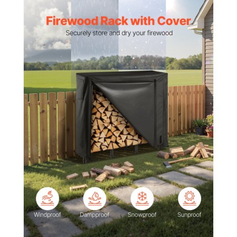 VEVOR Firewood Rack with Waterproof Cover, 1.22m Outdoor Firewood Holder, 1/4 Cord Storage Metal Log Holder, 400lb Max Weight Capacity, Full Covered, Powder-Coated Wood Storage Rack for Fireplace Deck