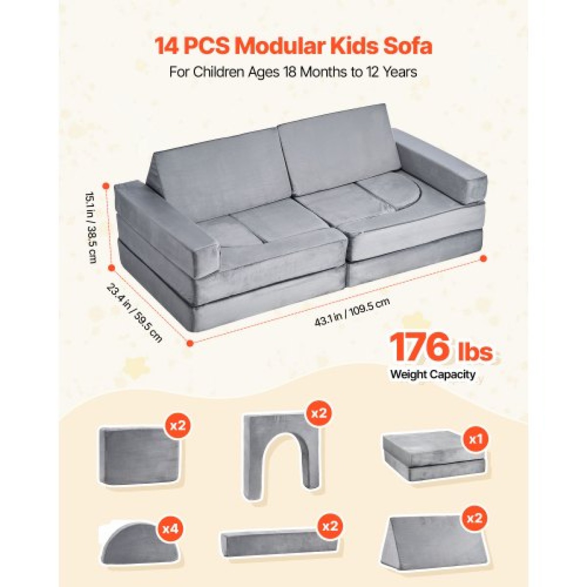 VEVOR Modular παιδικός καναπές παιχνιδιού, τμηματικός παιδικός καναπές με υποβραχιόνια, 28D σφουγγάρι & κοντό πέλος, Convertible παιδικός αρθρωτός καναπές DIY Creative Combination for Playroom, Υπνοδωμάτιο, Σαλόνι, 14 τμχ, Γκρι