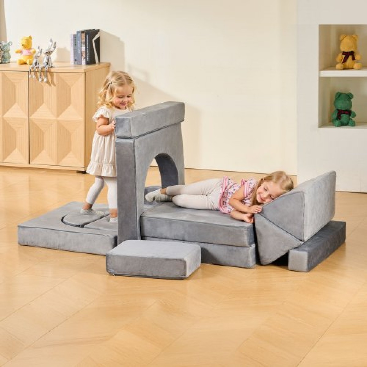 VEVOR Modular παιδικός καναπές παιχνιδιού, τμηματικός παιδικός καναπές με υποβραχιόνια, 28D σφουγγάρι & κοντό πέλος, Convertible παιδικός αρθρωτός καναπές DIY Creative Combination for Playroom, Υπνοδωμάτιο, Σαλόνι, 14 τμχ, Γκρι
